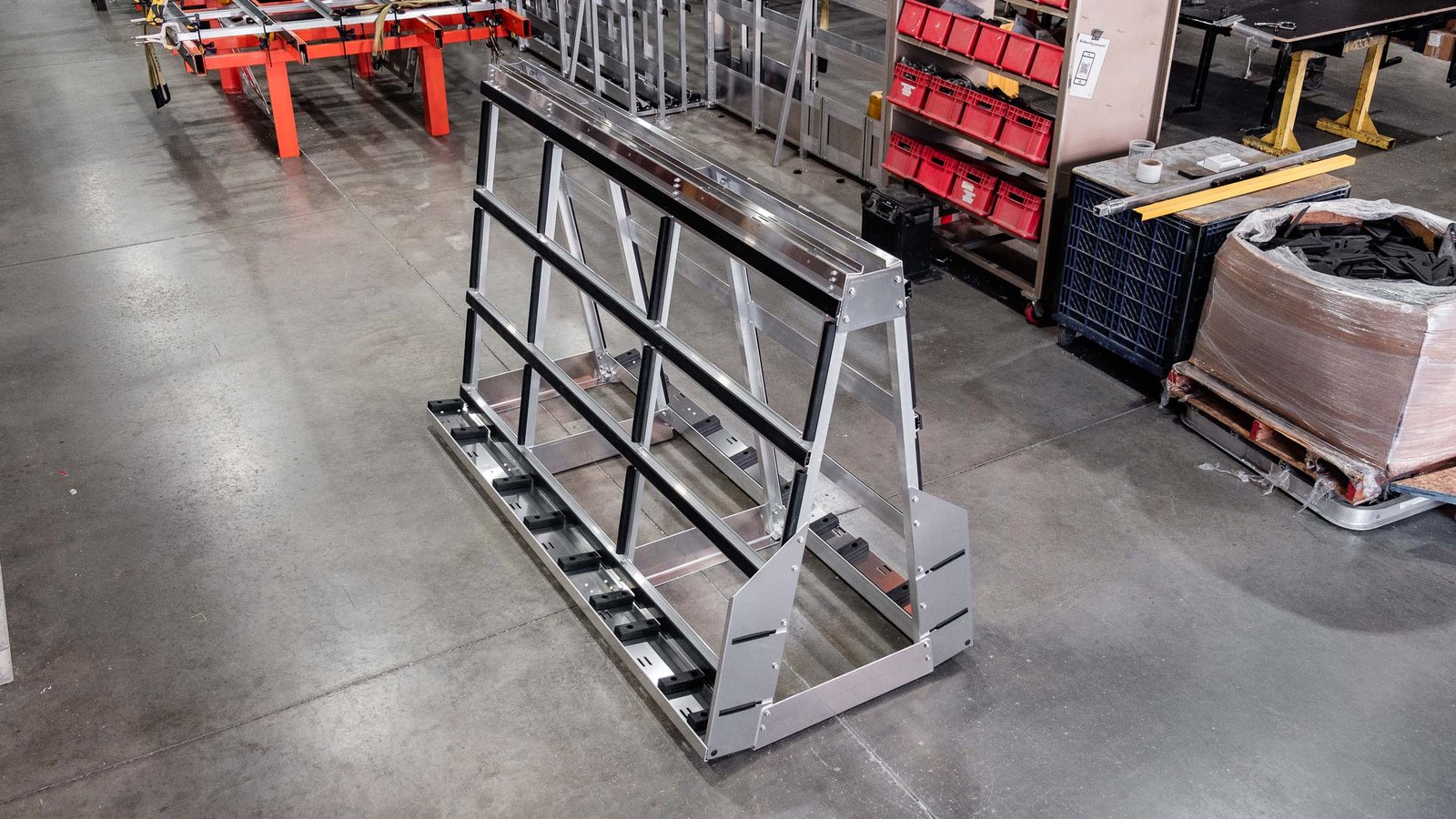 Completed A-frame for glass and marble handling
